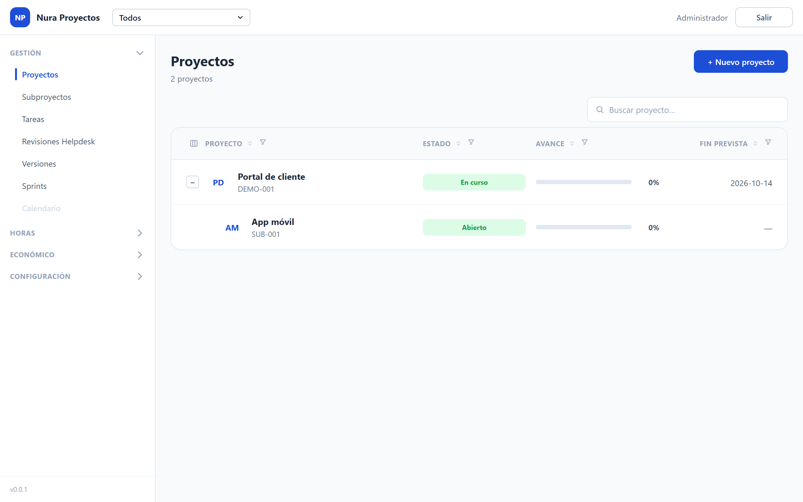 Listado de proyectos en Nura Proyectos con código, cliente, responsable, fechas y estado, ordenable y filtrable por columna