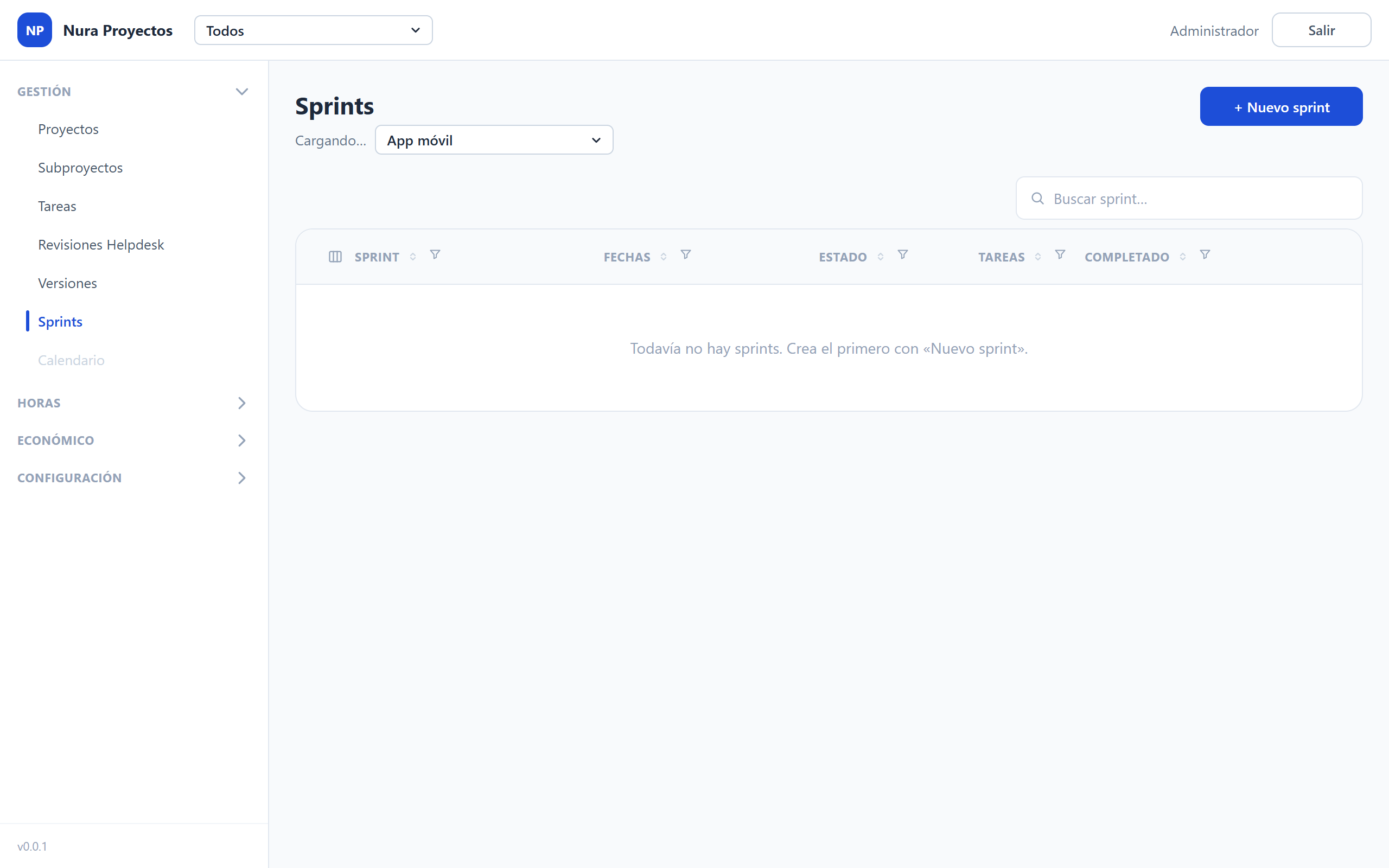 Vista de sprints en Nura Proyectos con las tareas agrupadas por tanda de trabajo, fechas y responsable